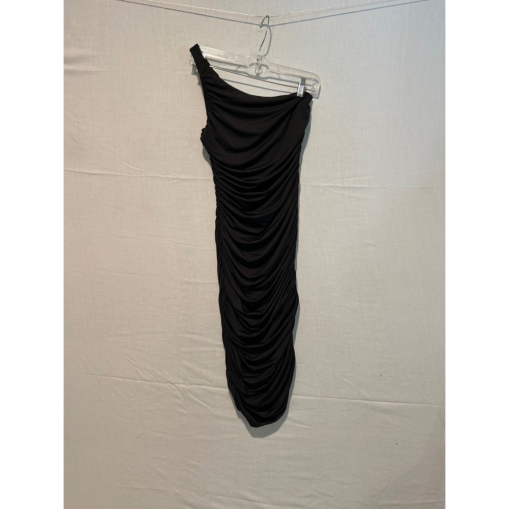 Fashion Nova Black One Shoulder‎ Ruched Bodycon Midi Dress D1747 Womens Medium